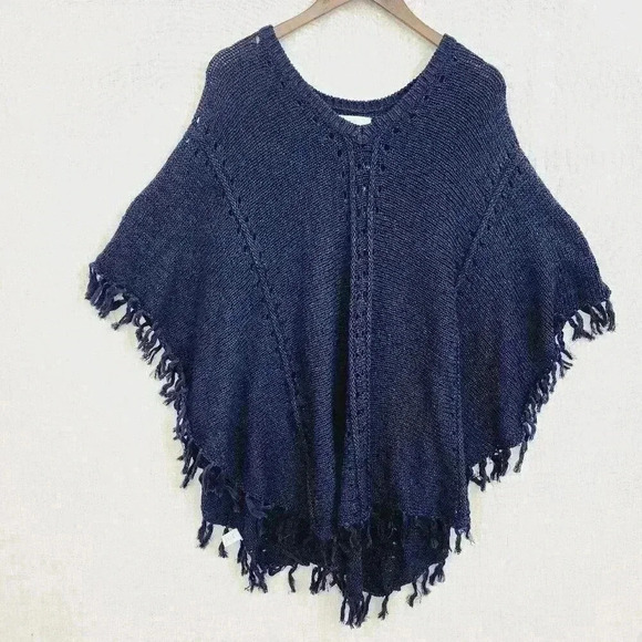 Loft Knit Sweater Cape Fringe M/L Navy Blue 7689C - Picture 1 of 8
